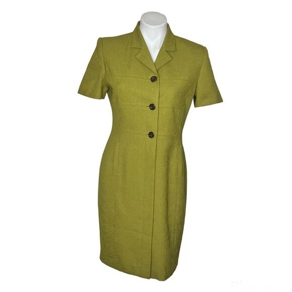 KASPER ASL Chartreuse Green Dress Short Sleeve Button Up Lined Size 6P Vintage - Picture 1 of 11